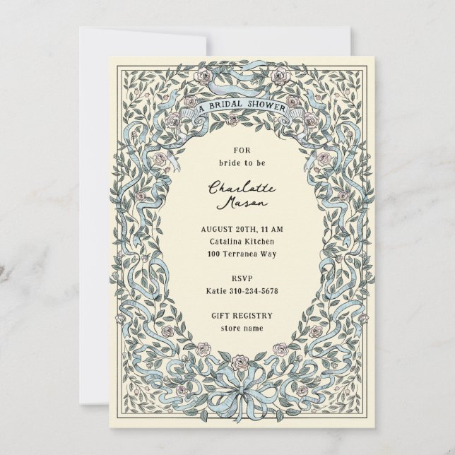 Invitation Rubans rose et bleu et Fête des mariées Rose (Devant)