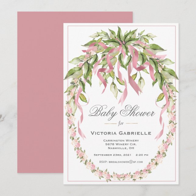 Invitation Rubans roses couronne fleurie Élégant Baby shower  (Devant / Derrière)