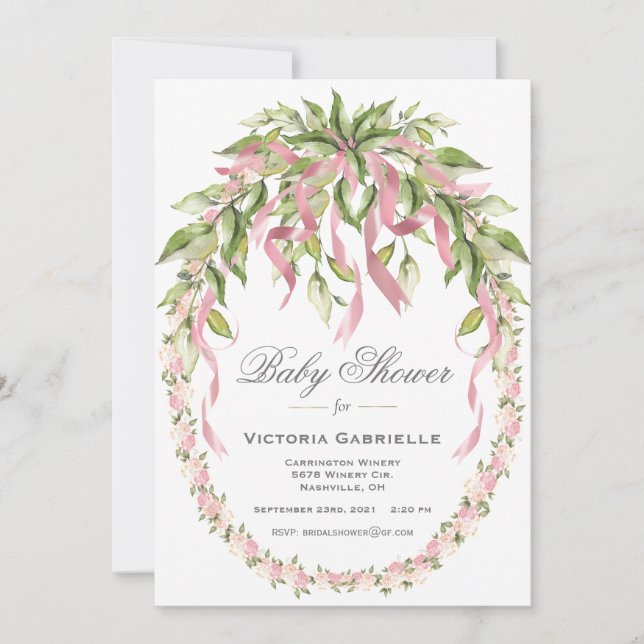 Invitation Rubans roses Fleur Wreath Élégant Baby shower (Devant)