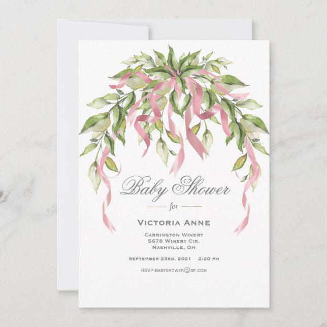 Invitation Rubans roses Vert Élégant Baby shower (Devant)