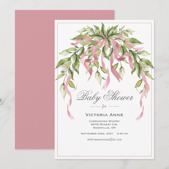 Invitation Rubans roses Vert Élégant Baby shower Invitati (Devant / Derrière)