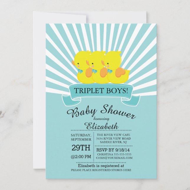 Invitation Rubber Canard Triplet Garçons Bébé Douche Invitati (Devant)