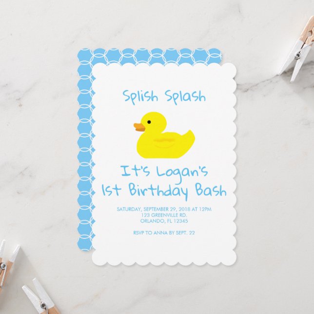 Invitation Rubber Duck Lattice Premier anniversaire Invitatio (Devant/Arrière en situation)