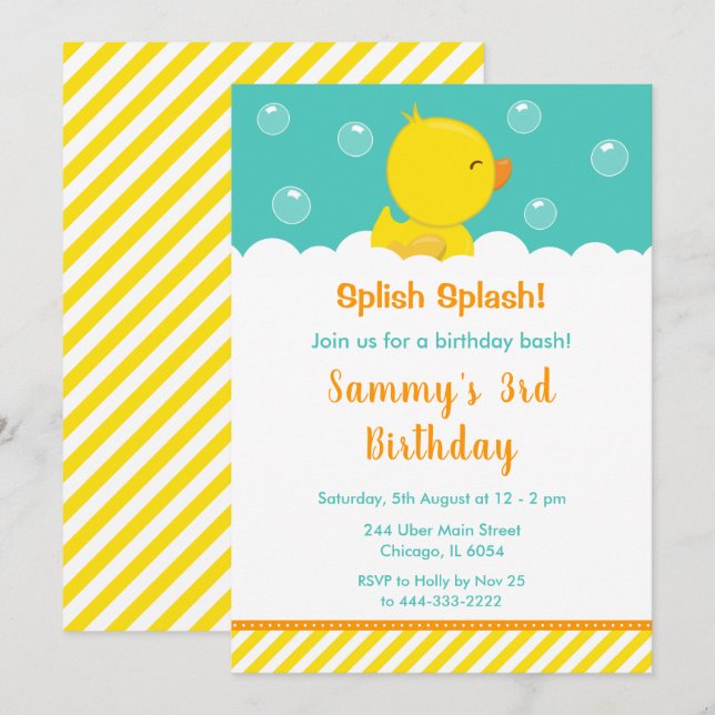 Invitation Rubber Ducky Anniversaire Party Jaune et vert (Devant / Derrière)