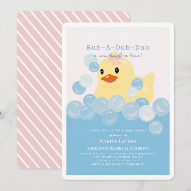 Invitation Rubber Ducky Girl Baby shower rose (Devant / Derrière)