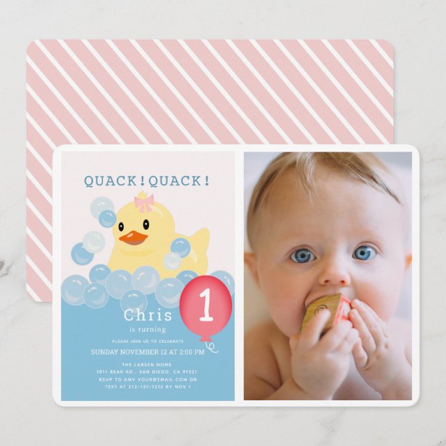 Invitation Rubber Ducky Pink Girl Photo 1er anniversaire (Devant / Derrière)