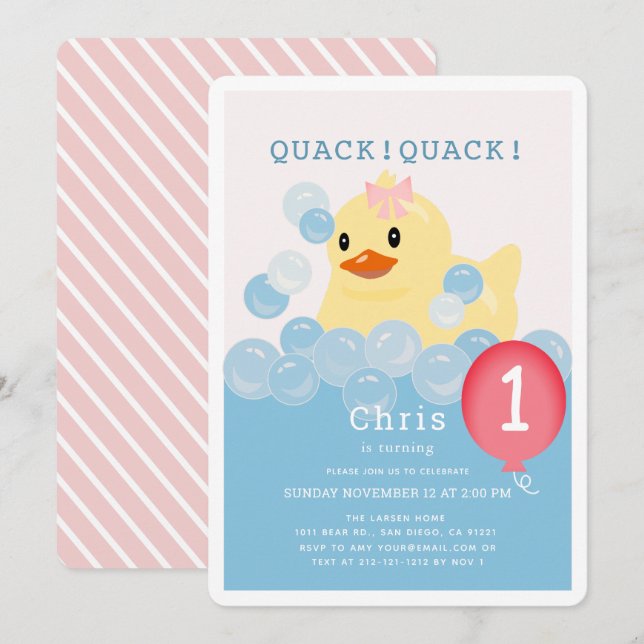 Invitation Rubber Ducky Rose Girl 1er anniversaire (Devant / Derrière)
