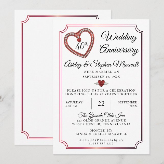 Invitation Rubis | Diamants 40e fête d'anniversaire de mariag (Devant / Derrière)