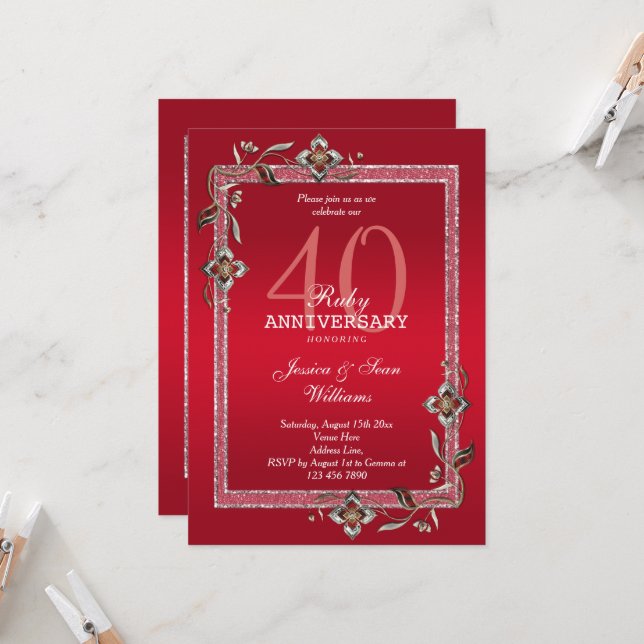 Invitation Rubis Rouge Gems & Glitter Rubis 40 ans de Mariage (Devant/Arrière en situation)