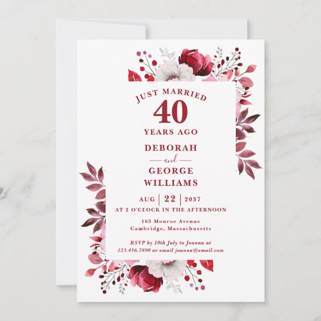 Invitation Ruby 40e anniversaire de Mariage Monogramme Floral (Devant)