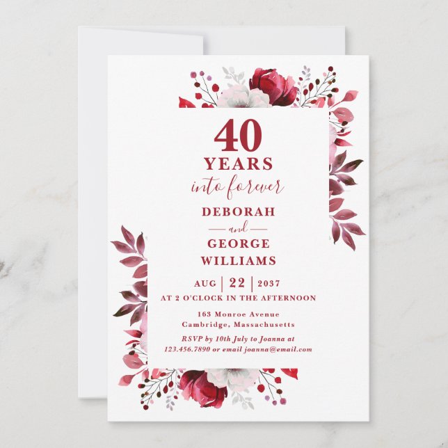 Invitation Ruby 40e anniversaire de Mariage Monogramme floral (Devant)
