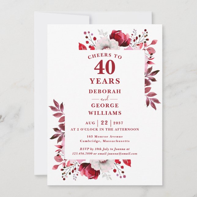 Invitation Ruby Accueille À 40 Anniversaire Mariage (Devant)