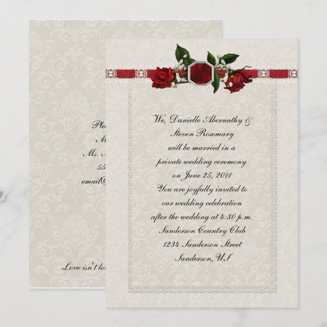 Invitation Ruby et le Mariage du ruban Red Roses (Devant / Derrière)