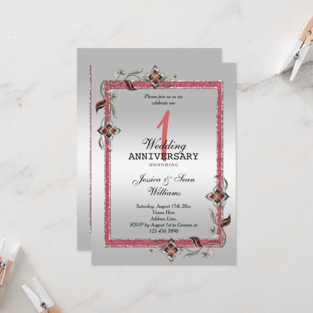 Invitation Ruby Gem, Parties scintillant & Silver 1er Mariage (Devant/Arrière en situation)