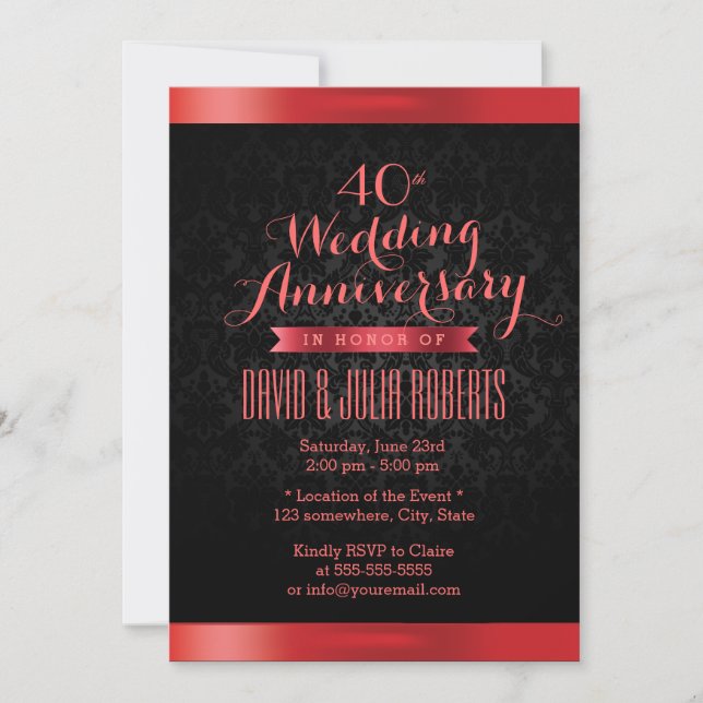 Invitation Ruby Mariage Anniversaire Élégant noir Damas (Devant)