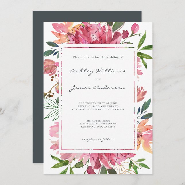 Invitation Ruby Pink Peony Floral Mariage botanique (Devant / Derrière)
