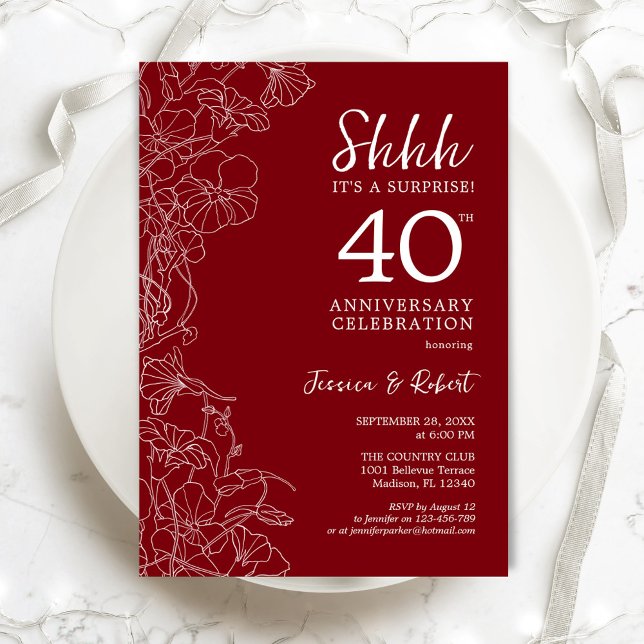 Invitation Ruby Red Floral Surprise 40e anniversaire (Créateur téléchargé)