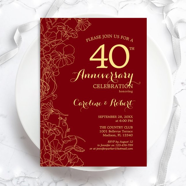Invitation Ruby Red Gold Floral 40e Anniversaire (Créateur téléchargé)