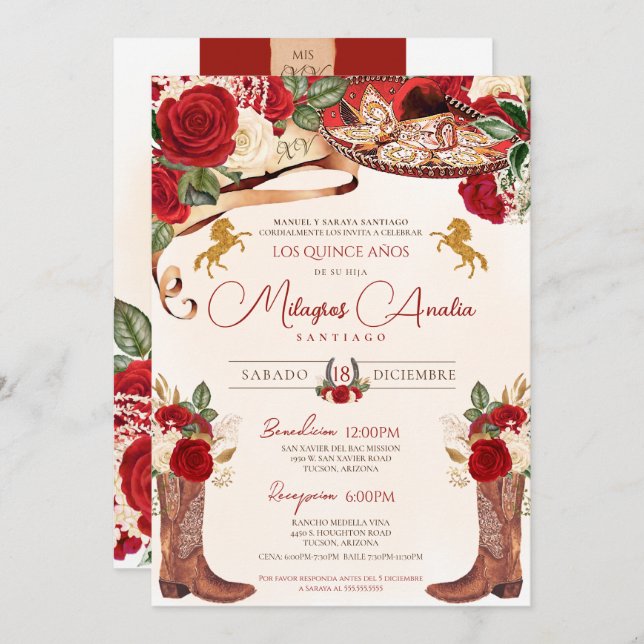 Invitation Ruby Red Roses Elégant Western Charro Quinceañera (Devant / Derrière)