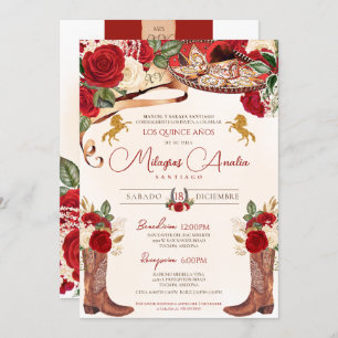 Invitation Ruby Red Roses Elégant Western Charro Quinceañera