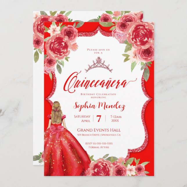 Invitation Ruby Red Roses Floral Aquarelle Quinceañera (Devant / Derrière)