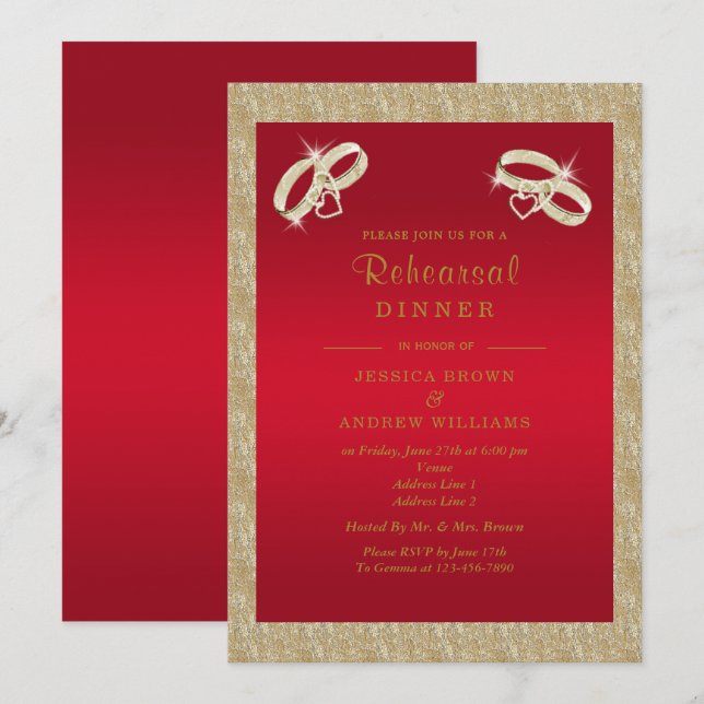 Invitation Ruby Red, Sparkly Gold Rings Dîner de répétition (Devant / Derrière)