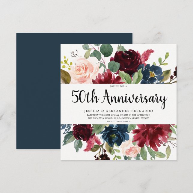 Invitation Ruby Red Wine Flowers 50e anniversaire de Mariage (Devant / Derrière)