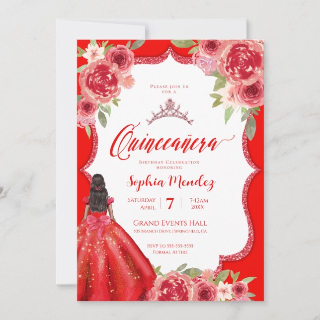 Invitation Ruby Rouge Rose Floral Aquarelle Quinceañera (Devant)