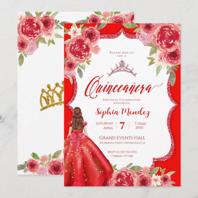 Invitation Ruby Rouge Rose Floral Aquarelle Quinceanera (Devant / Derrière)