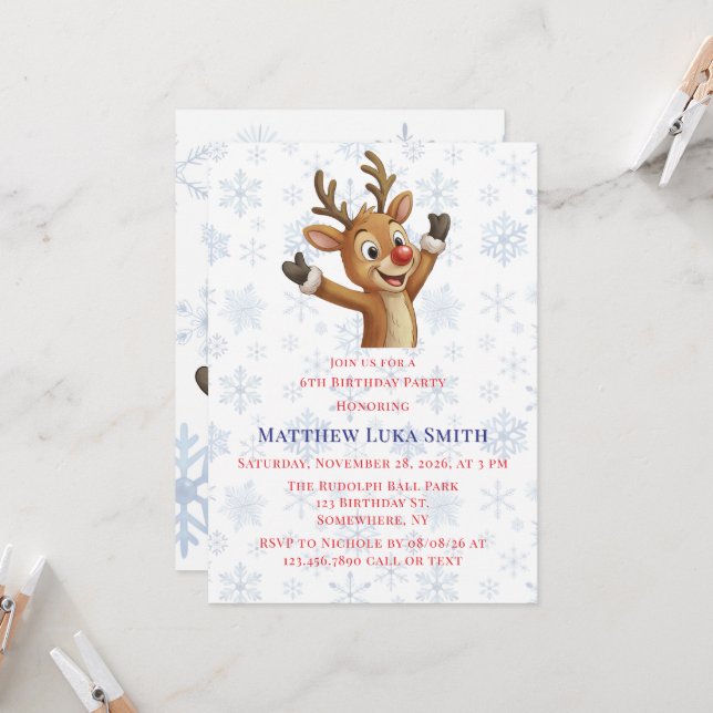 Invitation Rudolph with Blue Snowflakes Birthday Bash (Devant/Arrière en situation)