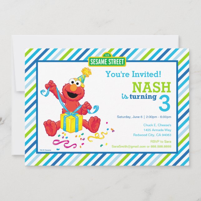 Invitation Rue Sésame | Elmo - Garçons Anniversaire Striped I (Devant)