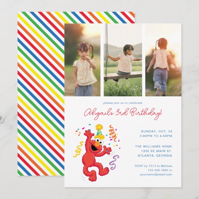 Invitation Rue Sésame | Elmo - Rainbow Birthday Photo (Devant / Derrière)