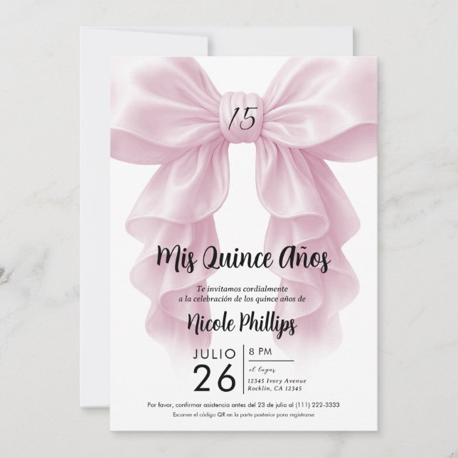 Invitation Ruffle rose Cascade Bow Elégant Parti Quinceañera (Devant)