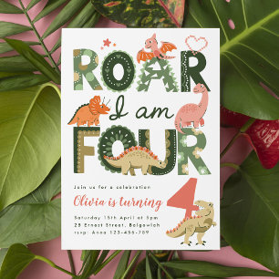 Invitation  Rugir Je Suis Quatre, Dinosaure Bohème Rose 4ème 
