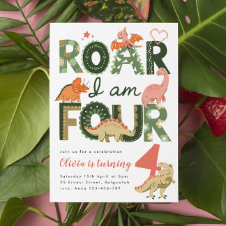 Invitation Rugir Je Suis Quatre, Dinosaure Bohème Rose 4ème