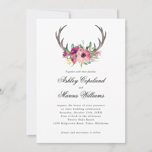 Invitation Russe Antlers Boho Floral Allure Mariage (Devant)