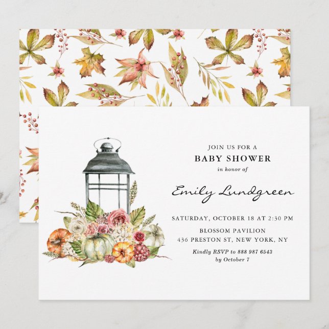 Invitation Russe Aquarelle Automne Harvest Lanterne Baby show (Devant / Derrière)