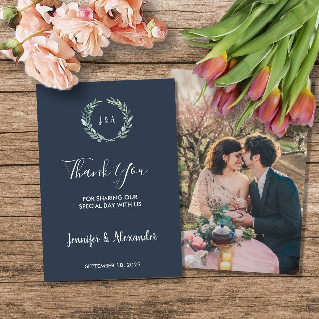 Invitation Russe aquarelle feuille Merci photo mariage (Rustic watercolor leaves Thank you photo country wedding card.)