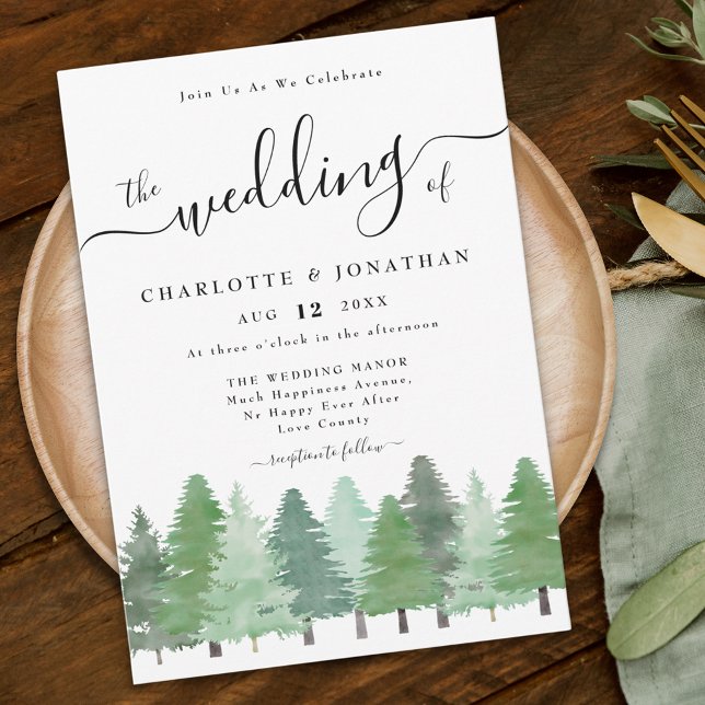 Invitation Russe Aquarelle Mariage forestier (Modern watercolor woodland forest wedding invitation elegant script)