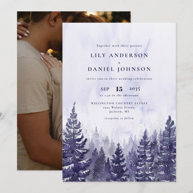Invitation Russe Aquarelle Purple Pine Forest Mariage photo (Devant / Derrière)