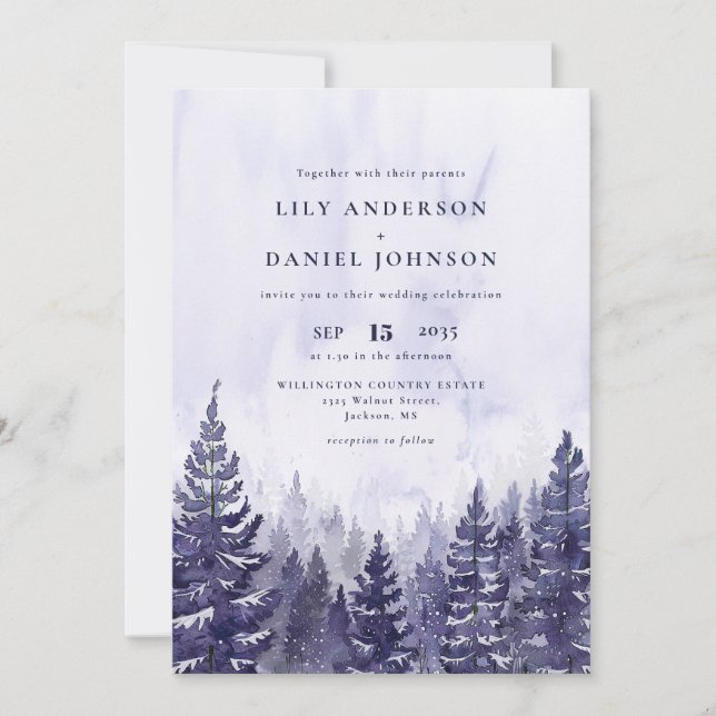 Invitation Russe Aquarelle Purple Pine Tree Mariage de forêt (Devant)