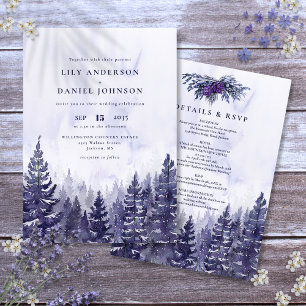 Invitation Russe Aquarelle Purple Pine Tree Mariage de forêt