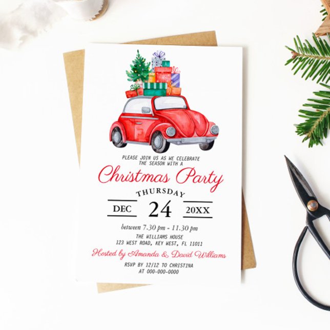 Invitation Russe Aquarelle Rouge Camion fête de Noël (Créateur téléchargé)