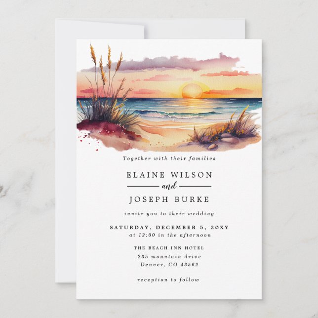 Invitation Russe aquarelle Sunset Beach Mariage (Devant)