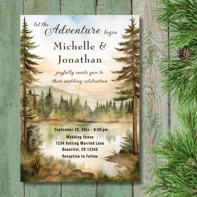 Invitation Russe aquarelle Woodland Lake Mariage d'aventure (Front - Rustic Watercolor Woodland Lake Adventure Wedding Invitation)