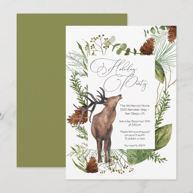 Invitation Russe aquarelle Woodland Reindeer Fête (Devant / Derrière)