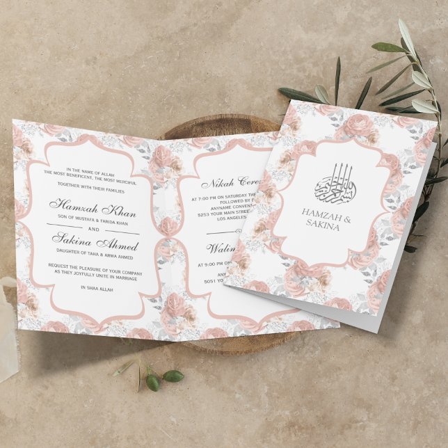 Invitation Russe Argent et rose pâle Roses Mariage musulman (Créateur téléchargé)