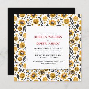 Invitation Russe Art populaire Jaune Fleurs Mariage