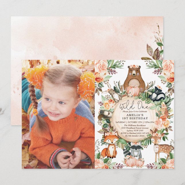Invitation Russe Automne Bois Floral Wild Un 1er anniversaire (Devant / Derrière)