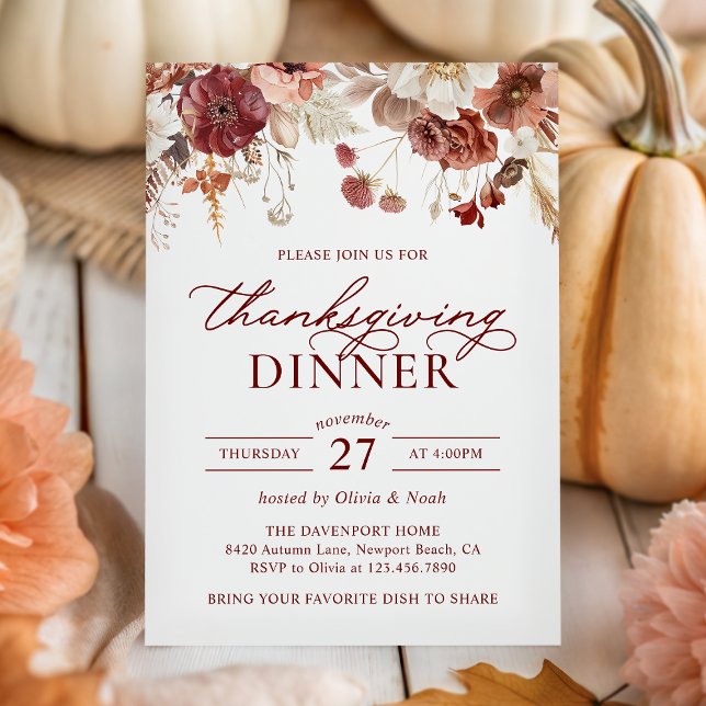 Invitation Russe Automne Bourgogne Floral Thanksgiving Dîner (Créateur téléchargé)